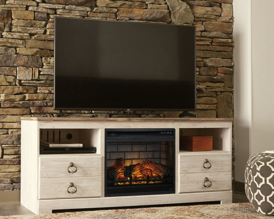 Willowton - 2 Pc. - 64" TV Stand With Faux Firebrick Fireplace Insert - Whitewash Signature Design by Ashley®