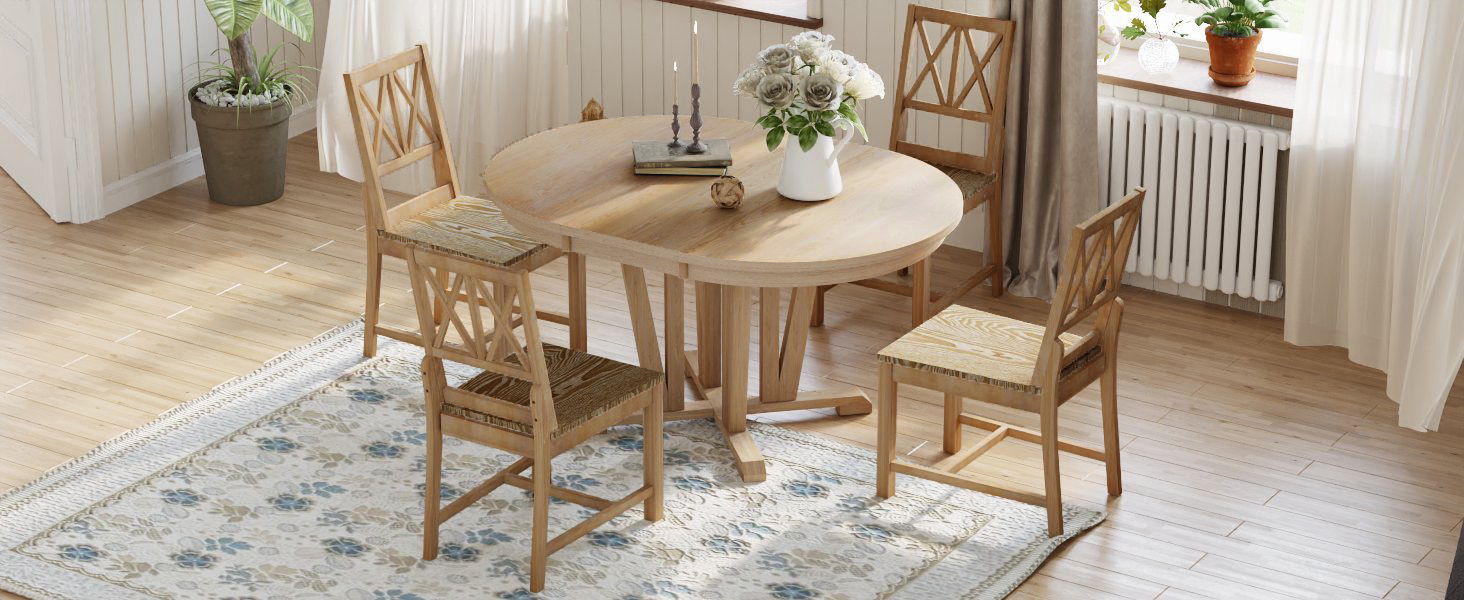 Topmax Rustic 5 Piece Extendable Dining Table Set Round Trestle Table And 4 Cross Back Dining Chairs For Kitchen, Dining Room, Natural