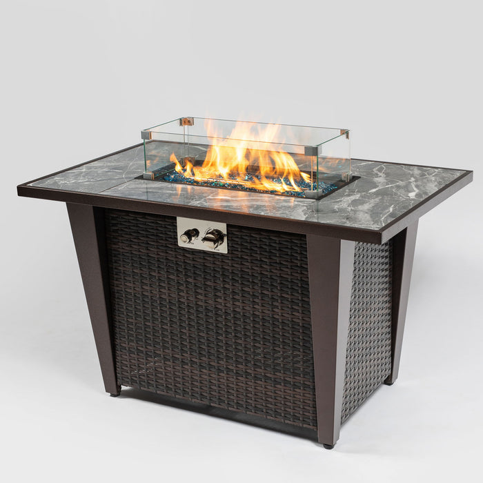 Fire Pit Table, Glass Wind Guard And Rain Cover, Lid - Brown Patioseek