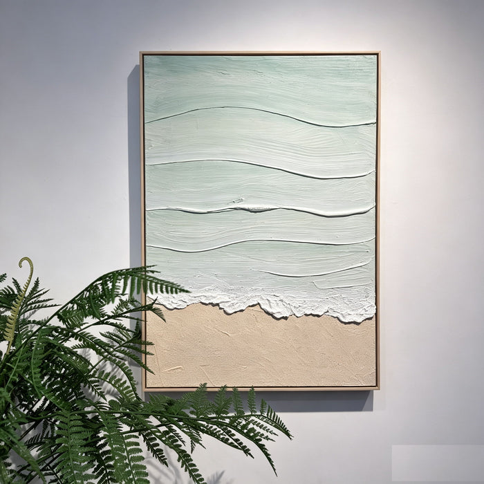 Framed Beach Wall Art, Textured Canvas Painting, Neutral Ocean Decor For Living Room - Beige / Blue Daily Nest