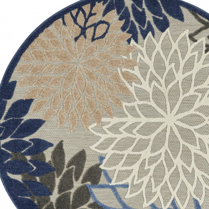 4' Round Round Floral Indoor / Outdoor Area Rug - Blue / Gray