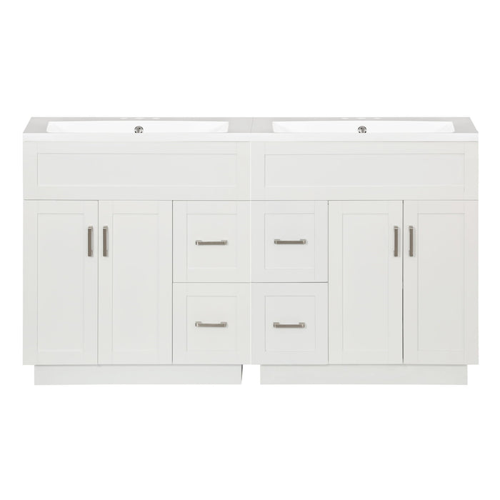 Bathroom Vanity With Dual Sinks, 4 Cabinet Doors, 4 Drawers, Adjustable Shelves - White