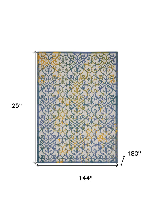 12' X 15' Damask Non Skid Indoor / Outdoor Area Rug - Ivory / Blue