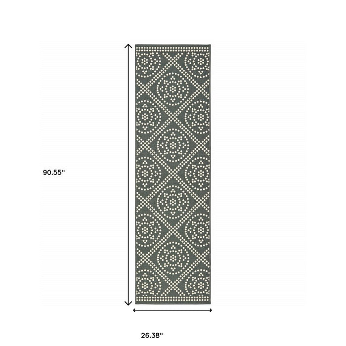 2' X 8' Geometric Stain Resistant Outdoor / Indoor Area Rug - Gray / Ivory