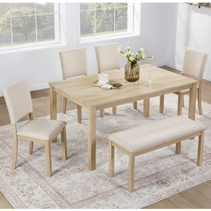 6 Piece Dining Table Set With Bench - Beige / Light Oak Home Essentials