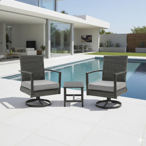3 Piece Patio Furniture, Swivel Rocker Bistro Set With Side Table & Cushions For Porch - Gray Home Essentials