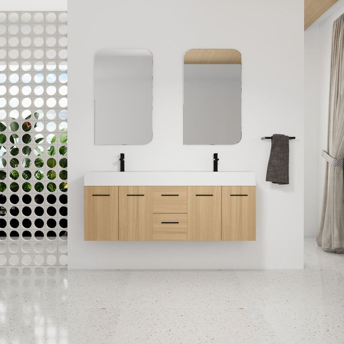 Floating Double Sink Bathroom Vanity With Drawers And Doors, Extra Large Storage, Integrated Sink, Soft Close Hardware - Glossy White / Light Oak Home Essentials