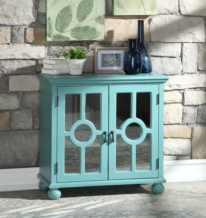 Classic Storage Cabinet 1 Piece Modern Traditional Accent Chest With Mirror Doors Antique Aqua Finish Pendant Pulls Wooden Furniture Living Room Bedroom