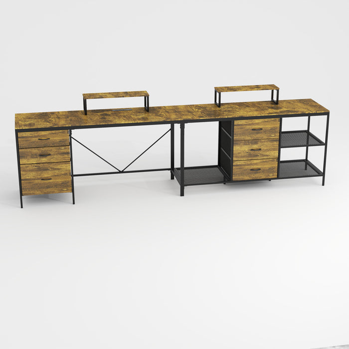 Industrial L Shaped Computer Desk With Power Outlets & USB-C, 6 Fabric Drawers, 3 Open Shelves, Movable Monitor Stands - Brown Home Essentials