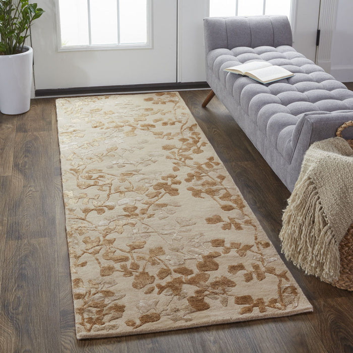 Floral Tufted Handmade Runner Rug - Ivory Tan And Gold Wool - 8'