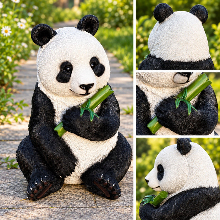 Panda Garden Statue, Sitting Animal Sculpture With Bamboo For Patio - Black White Daily Nest