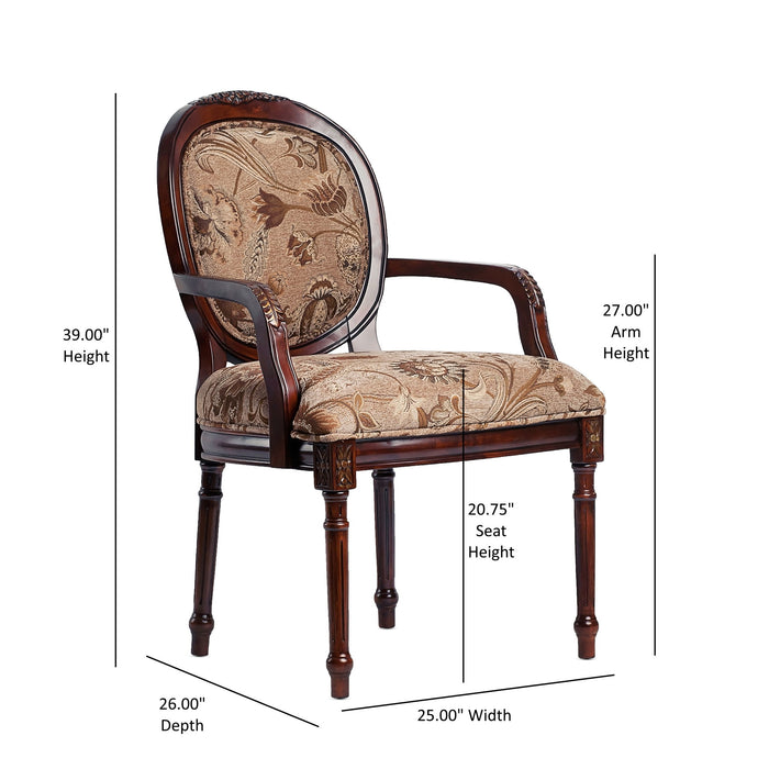 Bernice - Oval Back Chair With Floral Carvings - Brown / Beige Gray