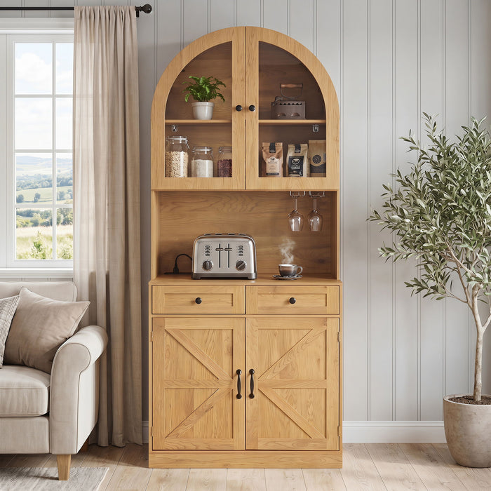 Tall Arched Pantry Cabinet With Charging Station, Adjustable Shelves, Coffee Bar Home Essentials