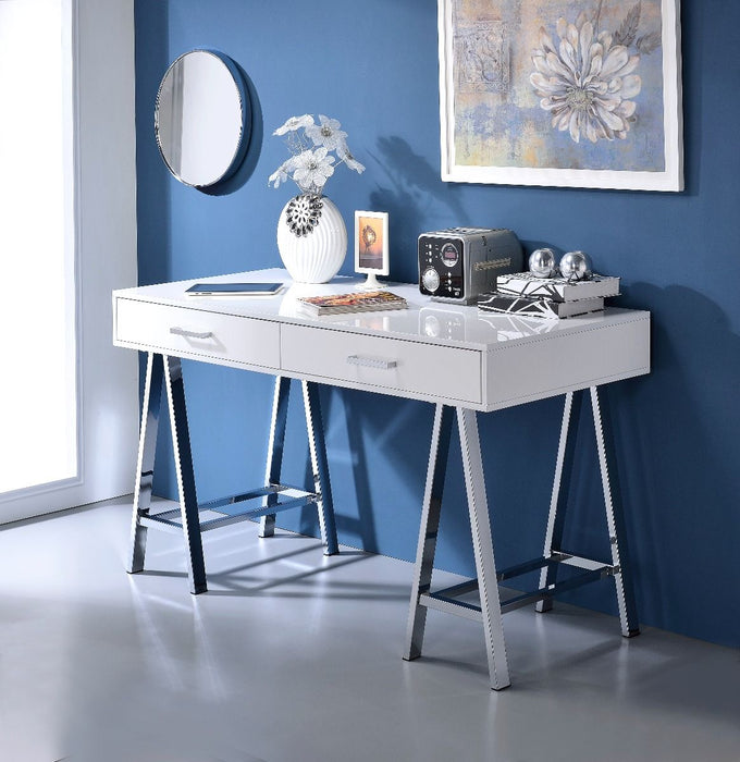 Coleen - Writing Desk With USB - White High Gloss & Chrome