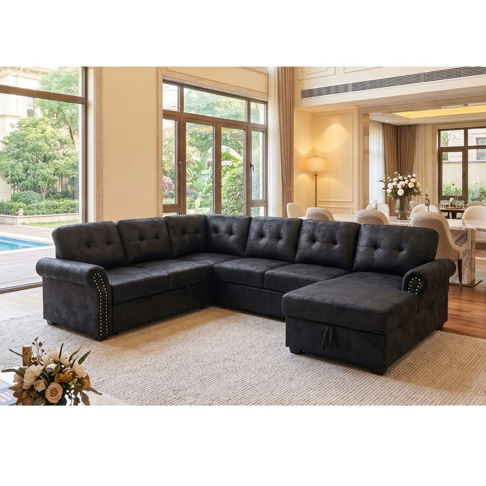 U Shape Sectional Sleeper Sofa With Pull Out Bed And Storage Chaise - Black Home Essentials
