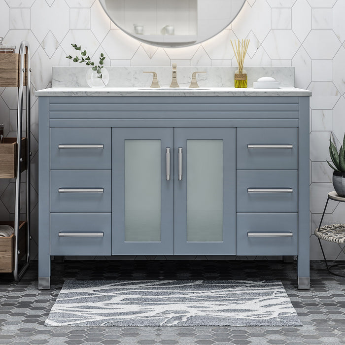 49'' Bathroom Vanity With Marble Top & Ceramic Sink, 2 Doors With Glass, 6 Drawers, Gray