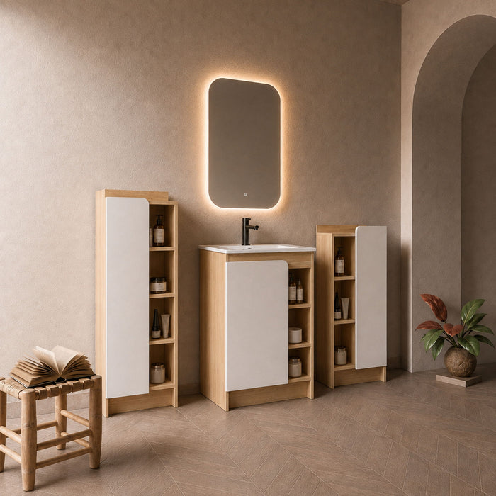 24" Bathroom Vanity With Sink & Tall And Low Side Cabinets, Vanity Set With Thin Edge Sink & Interchangeable Door Panels, 3 Piece Bathroom Storage Set - Black / Light Oak / White Home Essentials