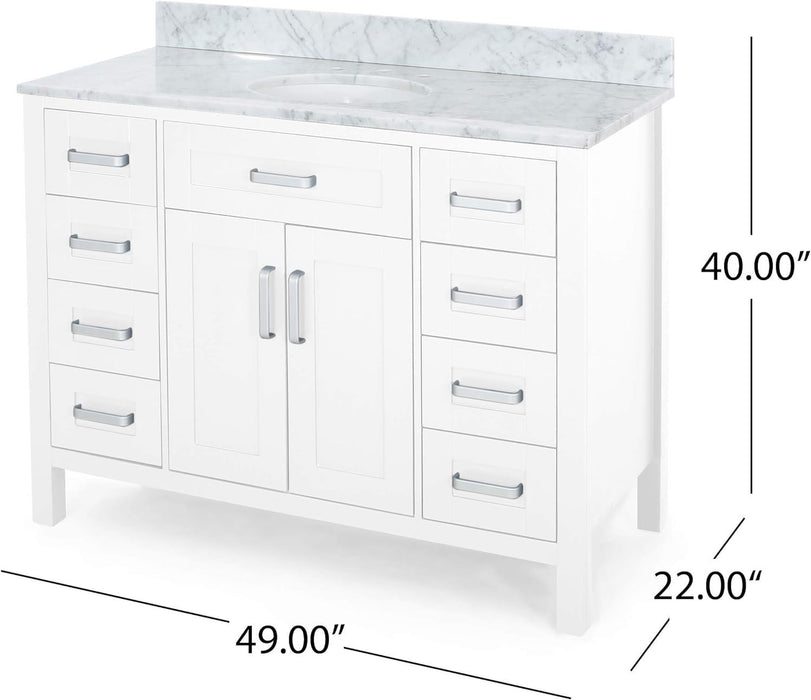 49'' Bathroom Vanity With Marble Top & Ceramic Sink, Two Doors, 8 Drawers, White