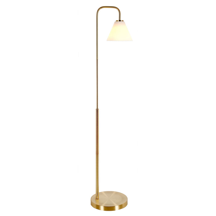 Arched Floor Lamp With White Frosted Glass Cone Shade - Brass