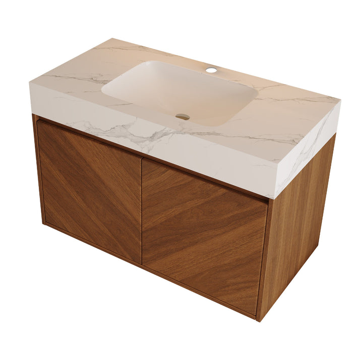 Wall Mounted Bathroom Vanity With Sink, Soft Close - Walnut / White Home Essentials