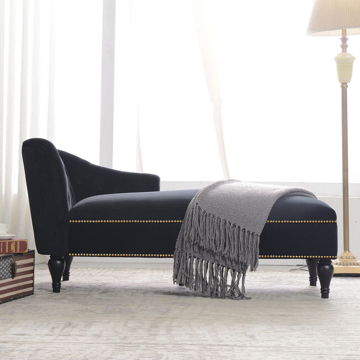 Velvet Chaise Lounge, Button Tufted Right Arm Facing Lounge Chair With Nailhead Trim For Living Room - Black Luxe & Co.