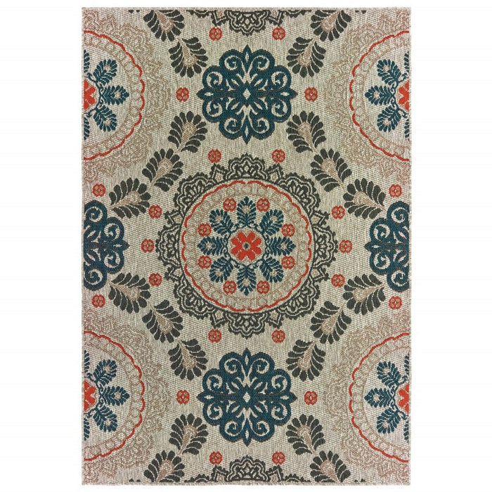 3' X 5' Damask Indoor / Outdoor Area Rug - Blue / Gray