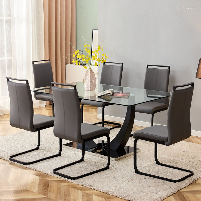 1 Table And 6 Chairs Set, Large Rectangular 0.4" Tempered Glass Tabletop, Black Metal Bracket Dining Table Paired With 6 Modern PU Artificial Leather High Backrest Soft Cushion With Black Metal Legs,