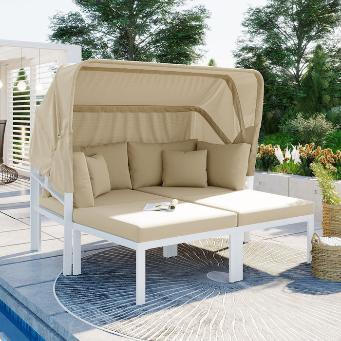 Topmax 3 Piece Patio Daybed With Retractable Canopy Outdoor Metal Sectional Sofa Set Sun Lounger With Cushions For Backyard, Porch, Poolside, Beige