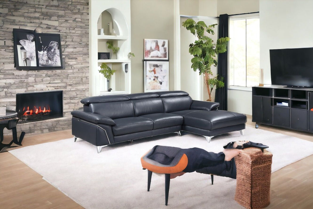 Italian Leather L Shaped Two Piece Sofa And Chaise Sectional - Navy Blue