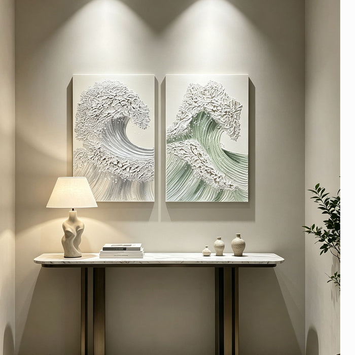 Ocean Wave Wall Art, Textured Canvas Painting With Accents (Set of 2) - Sage Green+Gold Daily Nest