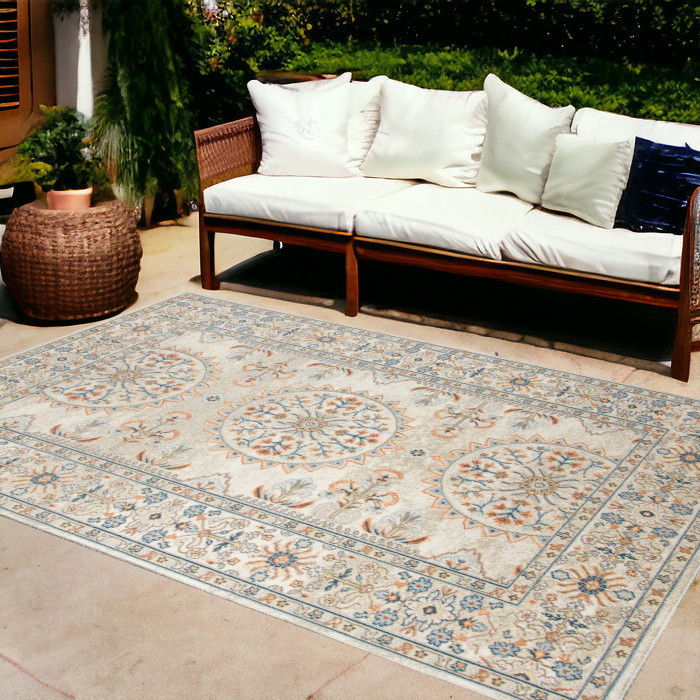 9' X 12' Medallion Stain Resistant Indoor / Outdoor Area Rug - Blue / Orange