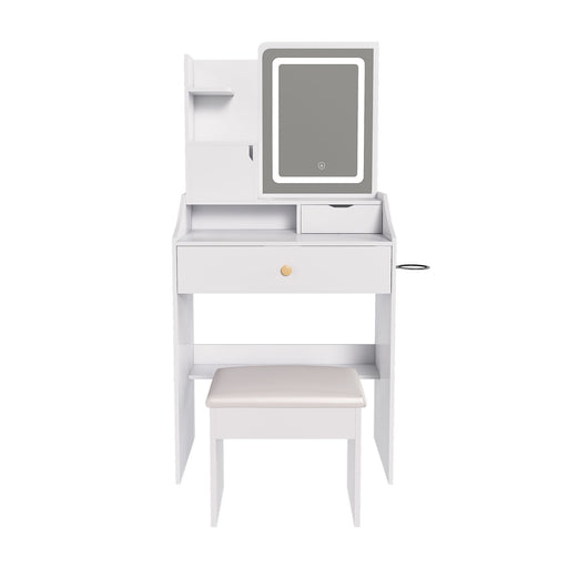 3 Color LED Vanity Mirror With Stool, 2 Drawers & 5 Storage Cabinets, Adjustable Lighting - White Home Essentials