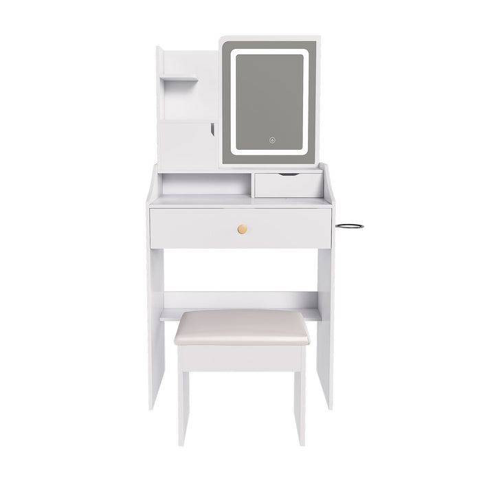 3 Color LED Vanity Mirror With Stool, 2 Drawers & 5 Storage Cabinets, Adjustable Lighting - White Home Essentials