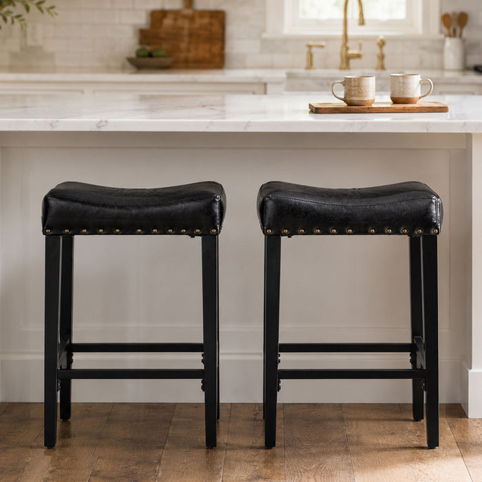 Bar Stool With Brass Nailhead Trim (Set of 2) - Black Home Essentials
