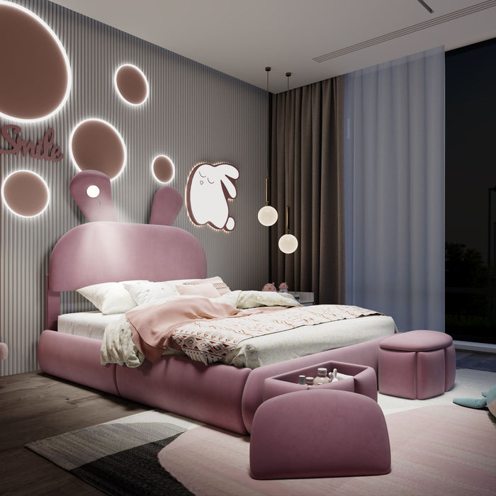 Full Upholstered Platform Bed With Cartoon Ears Headboard And LED Light - Pink Dreamland