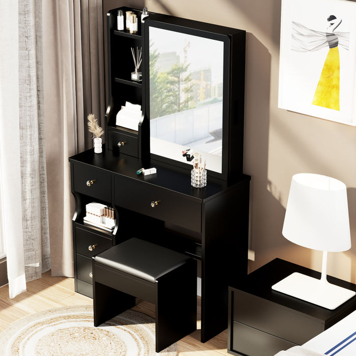 Small Space Left Drawer Desktop Vanity Table / Cushioned Stool, Extra Large Right Sliding Mirror, Multi Layer High Capacity Storage, Practical Fashionable Dresser, Suitable For Girls Up To 5.6Ft Tall - Black