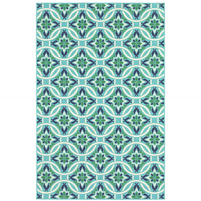 8' X 11' Geometric Stain Resistant Outdoor & Indoor Area Rug - Blue / Green