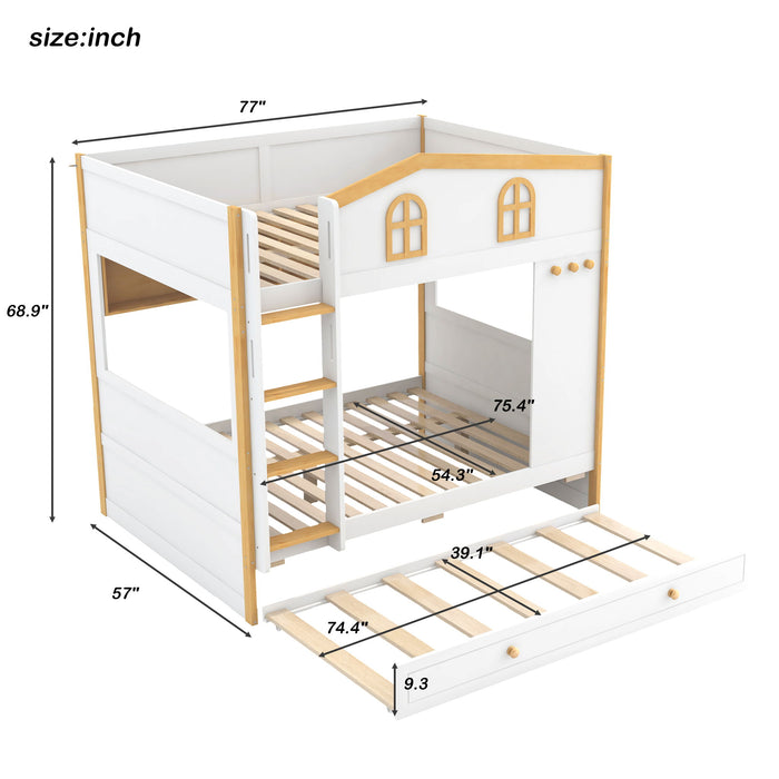 Full Over Full Bunk Bed With Storage Shelves And Trundle - White / Natural Dreamland