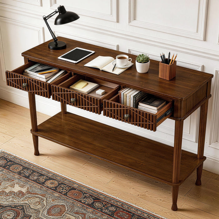 Console Table With Reeded Diamond Pattern Drawer Fronts, Open Storage Shelf For Living Room - Walnut Home Essentials