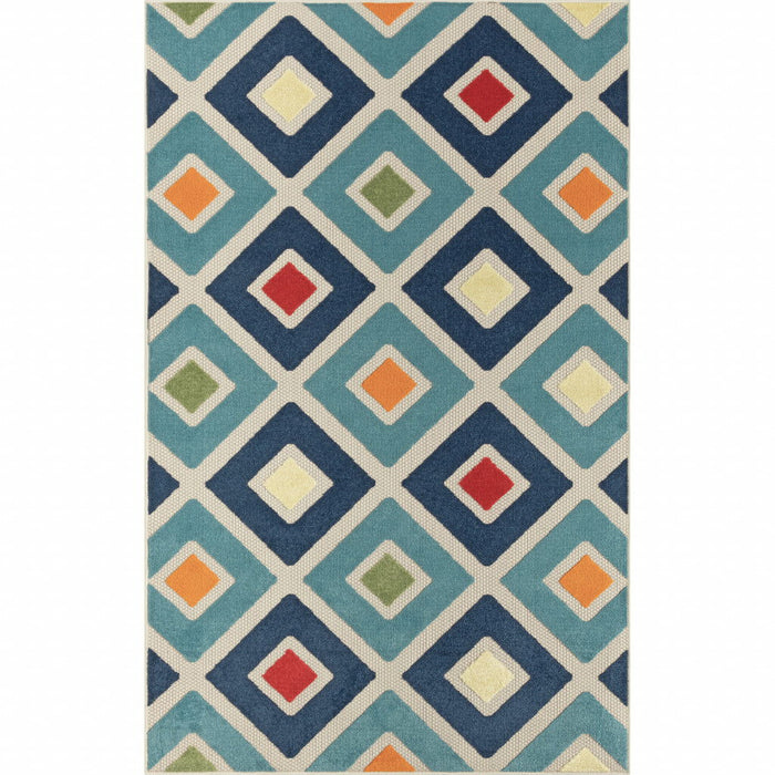 2' X 3' Geometric Stain Resistant Indoor / Outdoor Area Rug - Blue / Ivory