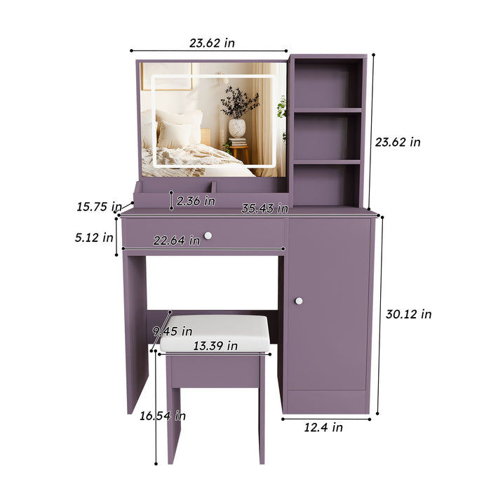 Vanity Desk Set With Padded Stool & Adjustable LED Mirror, 3 Color Mode Lighting, Compact For Bedroom - Purple Home Essentials