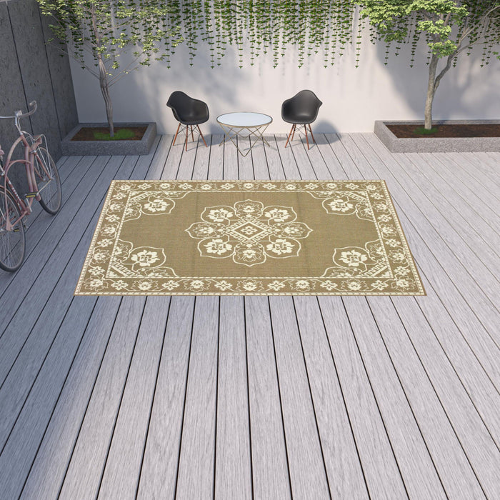 9' X 13' Oriental Stain Resistant Outdoor / Indoor Area Rug - Tan