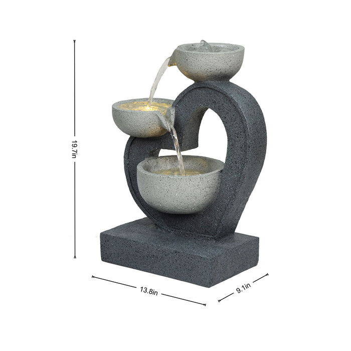 3 Tier Outdoor Water Fountain With Warm LED Lights, Stone Textured Cascading Design For Patio - Gray Daily Nest