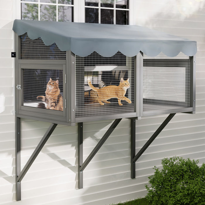 Window Perch Catio For Indoor Cats, Expandable Enclosure With Secure Frame And Waterproof Roof, Suitable For Multiple Kittens - Gray Daily Nest