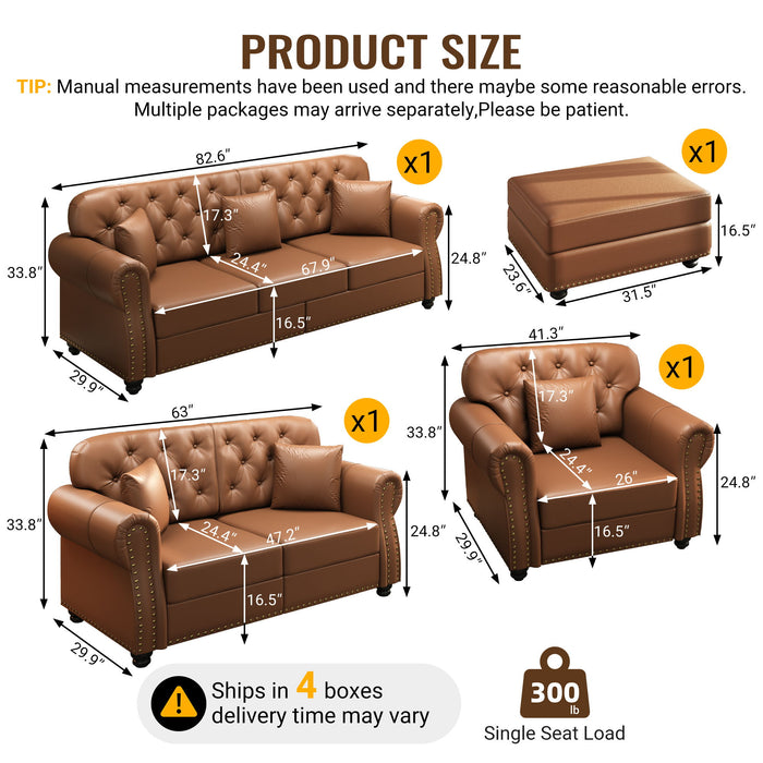 Upholstered Sofa With Nailhead Trim, Rolled Armrests With Ottoman Home Essentials