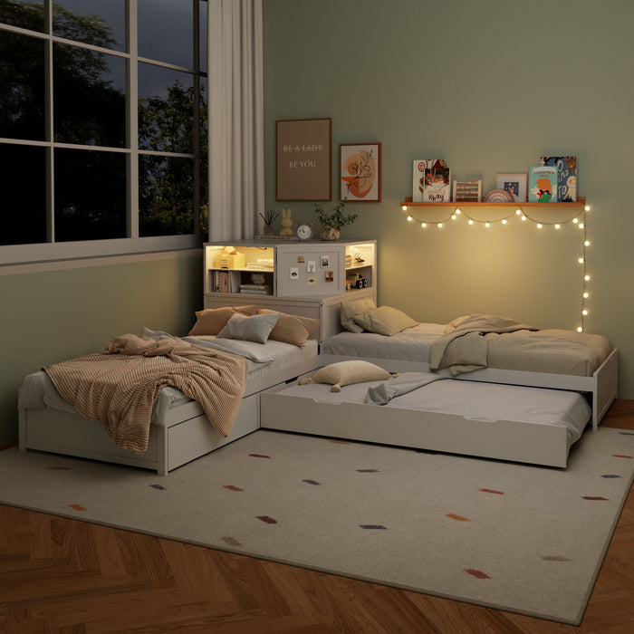 L-Shaped Bed Frame With Trundle, Built In Desk & LED Lighting Hearth and Haven