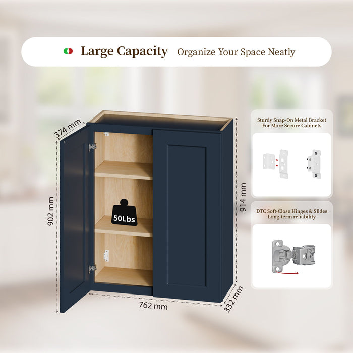 Shaker Wall Cabinet With Soft Close Hinges, Adjustable Shelves, Double Door Home Essentials