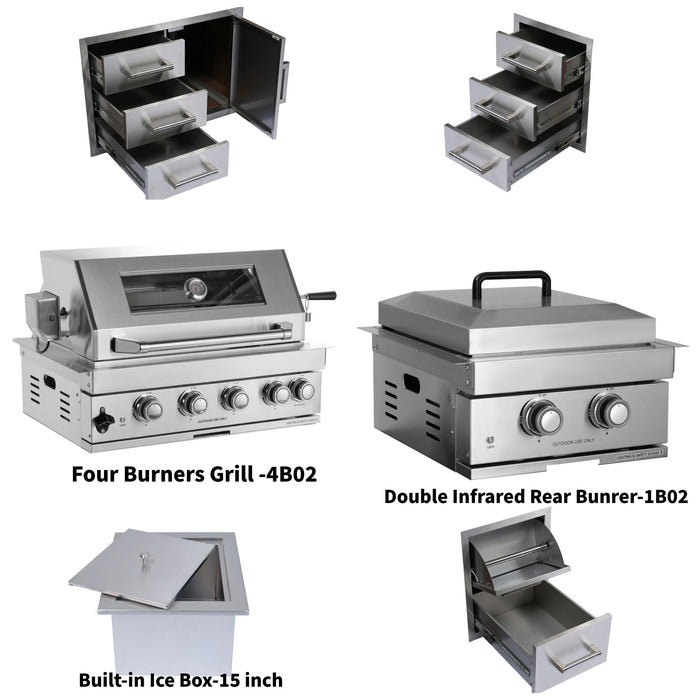 Built-In Outdoor Kitchen LPG Gas Grill 60000 Btu, Drop-In Ice Box With BBQ Tool Set - Silver