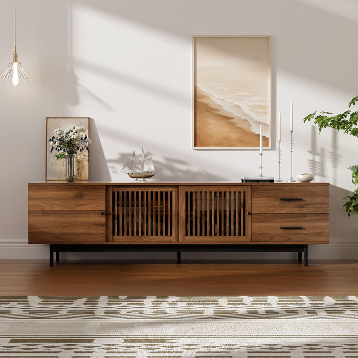 TV Stand, Media Console With 2 Drawers, Soft Closing Hinges, Adjustable Shelves, Slatted Design - Walnut Hearth and Haven