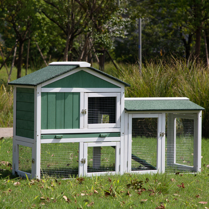 Large Wooden Rabbit Hutch Indoor And Outdoor Bunny Cage With A Removable Tray And A Waterproof Roof, Gray Green&White